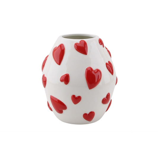 Vase - Flower Vase Hearts -White/Red - 16x16x17,5cm