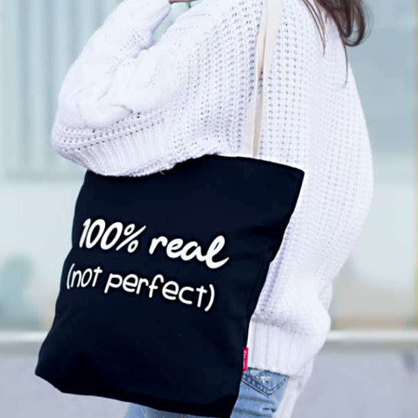 Totebags "100% Real. Not Perfect" Zwart