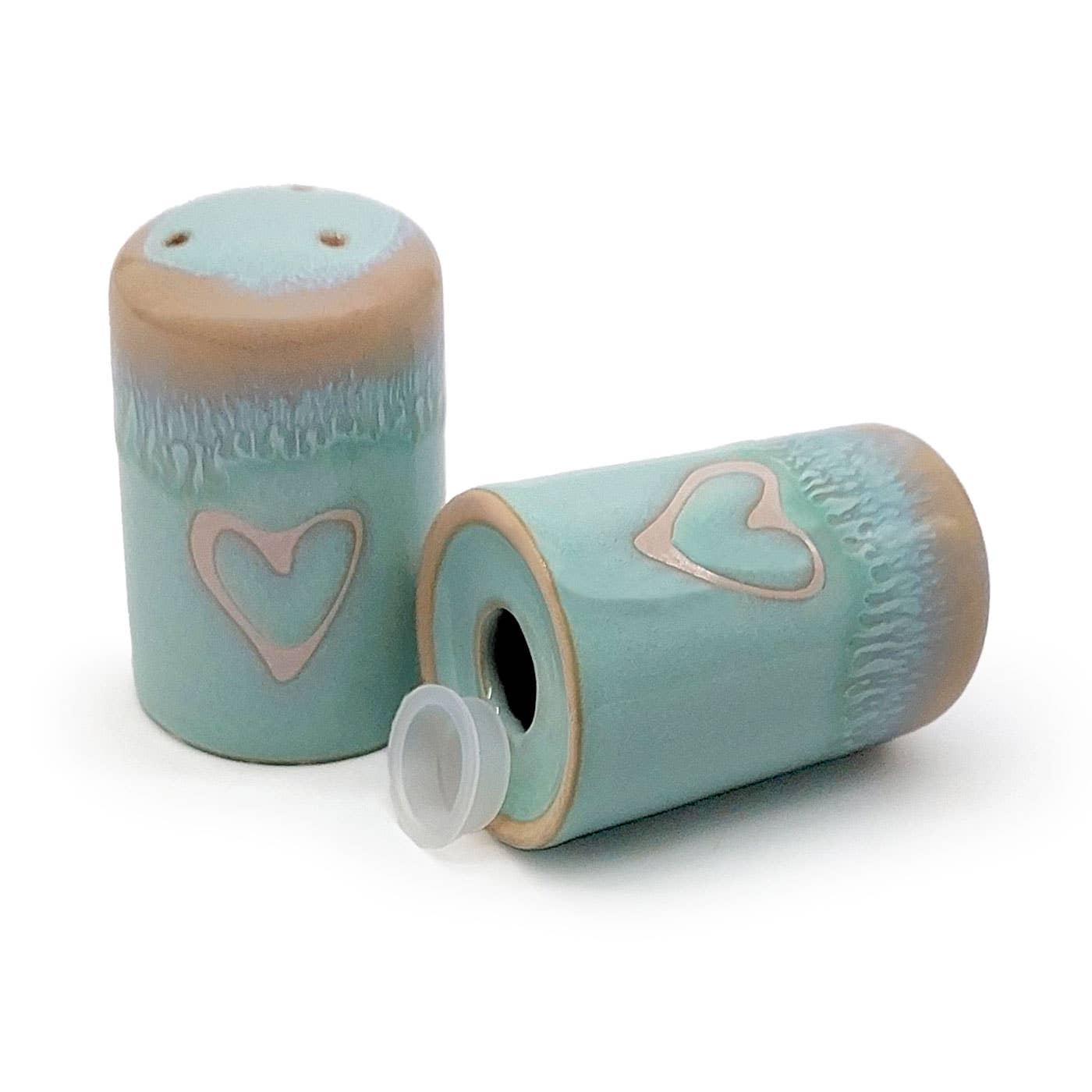 Steengoed zout- en peperstel "Hart" turquoise