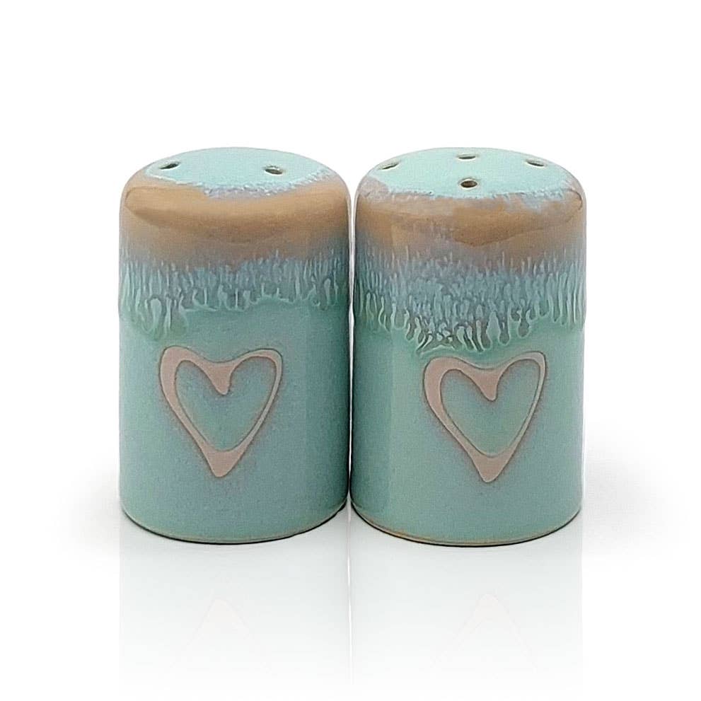 Steengoed zout- en peperstel "Hart" turquoise