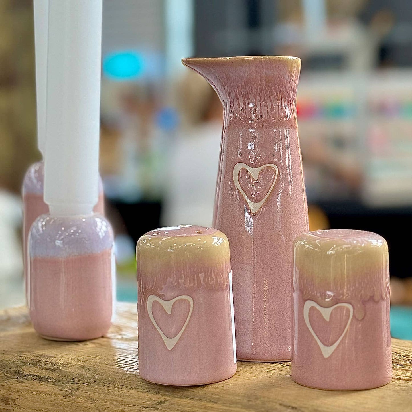 Steengoed zout- en peperstel "Hart" turquoise